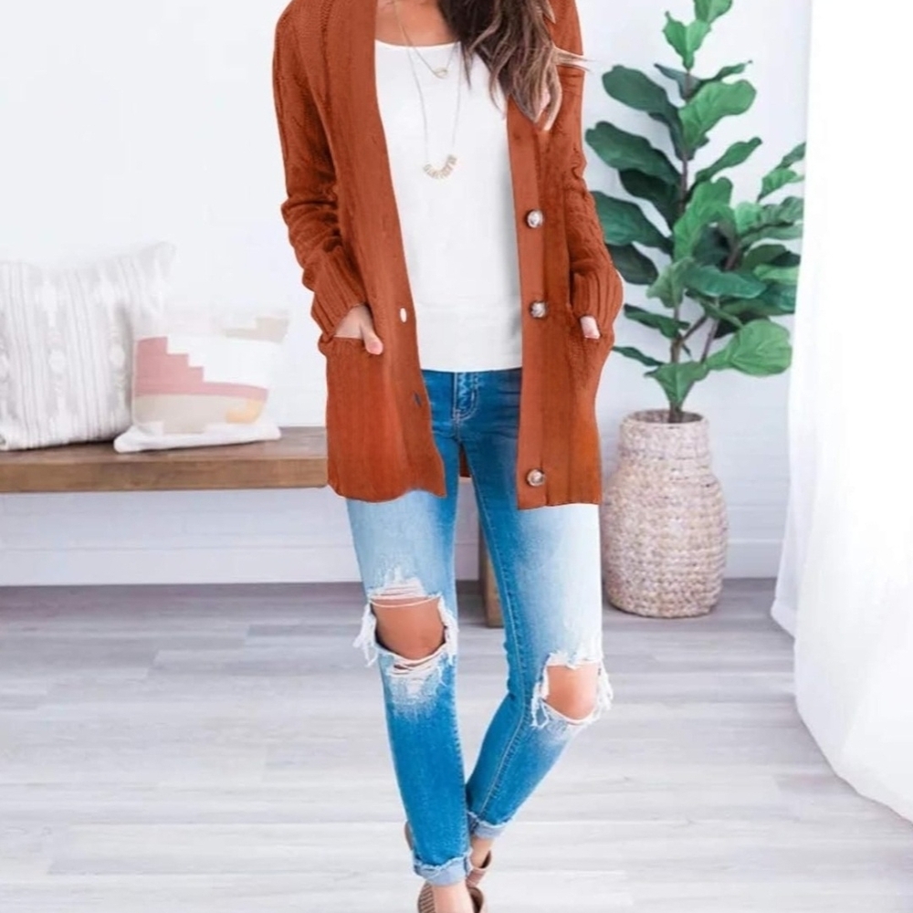 Margeaux & Ellie Boho Women's Brown/Rust Cottagecore Cardigan Sweater Small